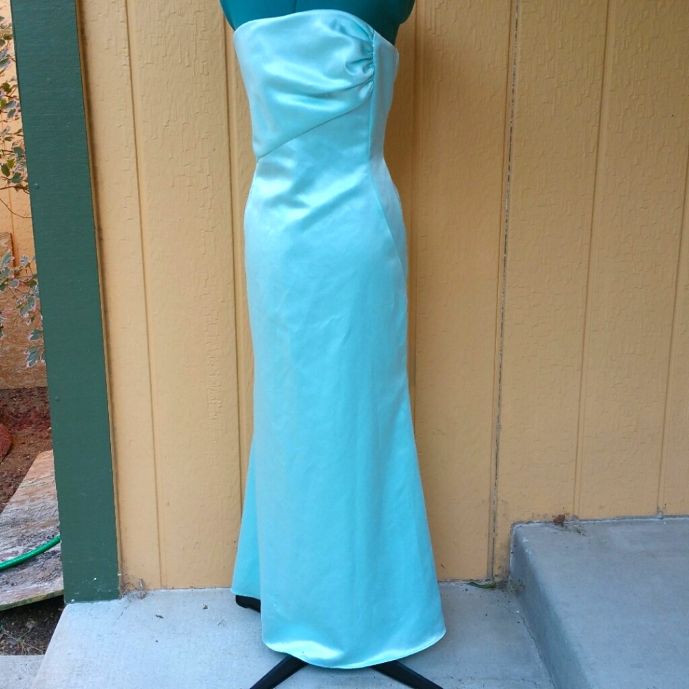 After Five vintage pale blue strapless poly matte satin evening gown